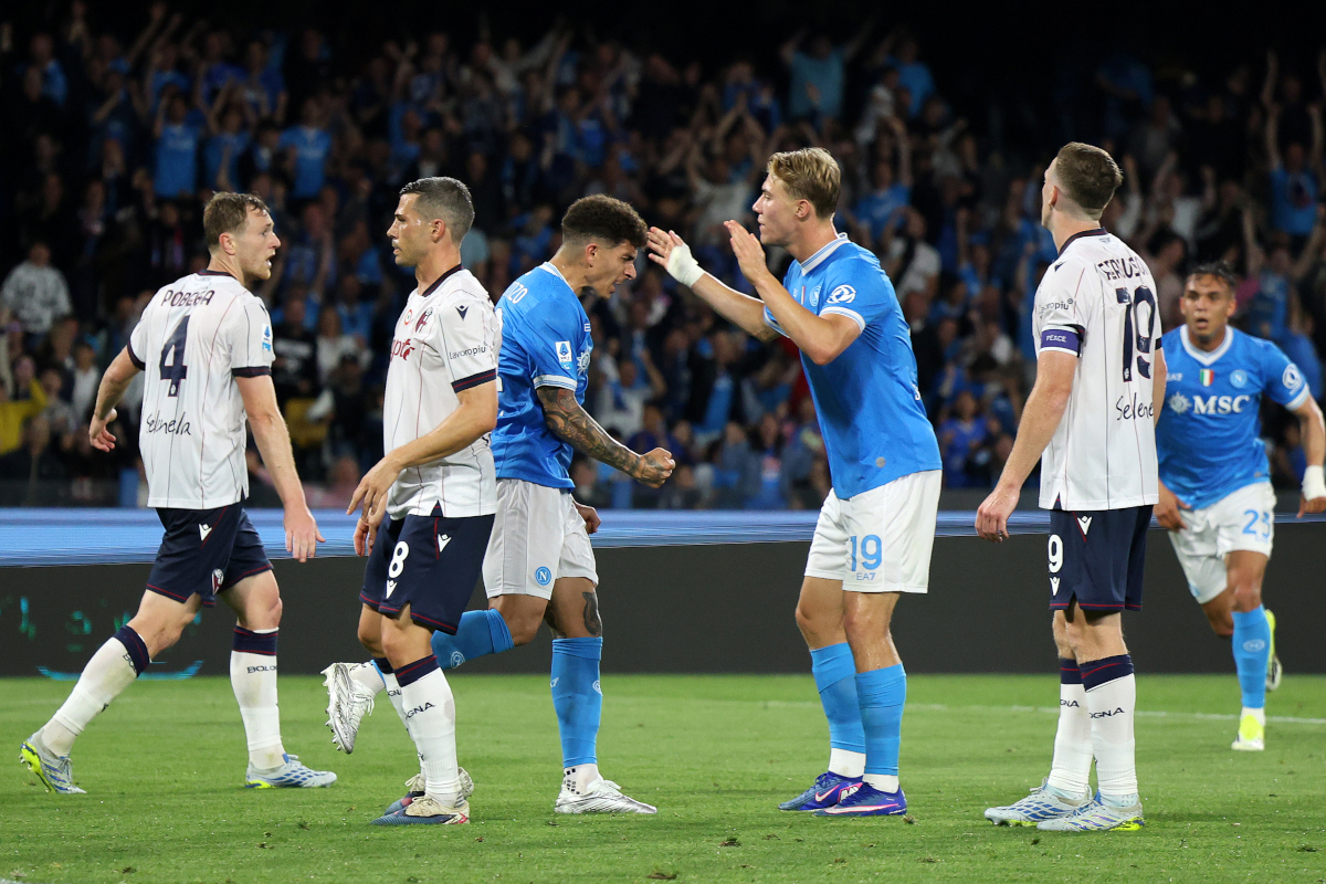 NAPLES, ITALY - MAY 11: Giovanni Di Lorenzo of SSC Napoli celebrates after scoring his side first goal during the Serie A match between SSC Napoli and Bologna FC 1909 at Stadio Diego Armando Maradona on May 11, 2026 in Naples, Italy. (Photo by Francesco Pecoraro/Getty Images)