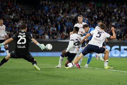 NAPLES, ITALY - MAY 11: Giovanni Di Lorenzo of SSC Napoli scores his side first goal during the Serie A match between SSC Napoli and Bologna FC 1909 at Stadio Diego Armando Maradona on May 11, 2026 in Naples, Italy. (Photo by Francesco Pecoraro/Getty Images)