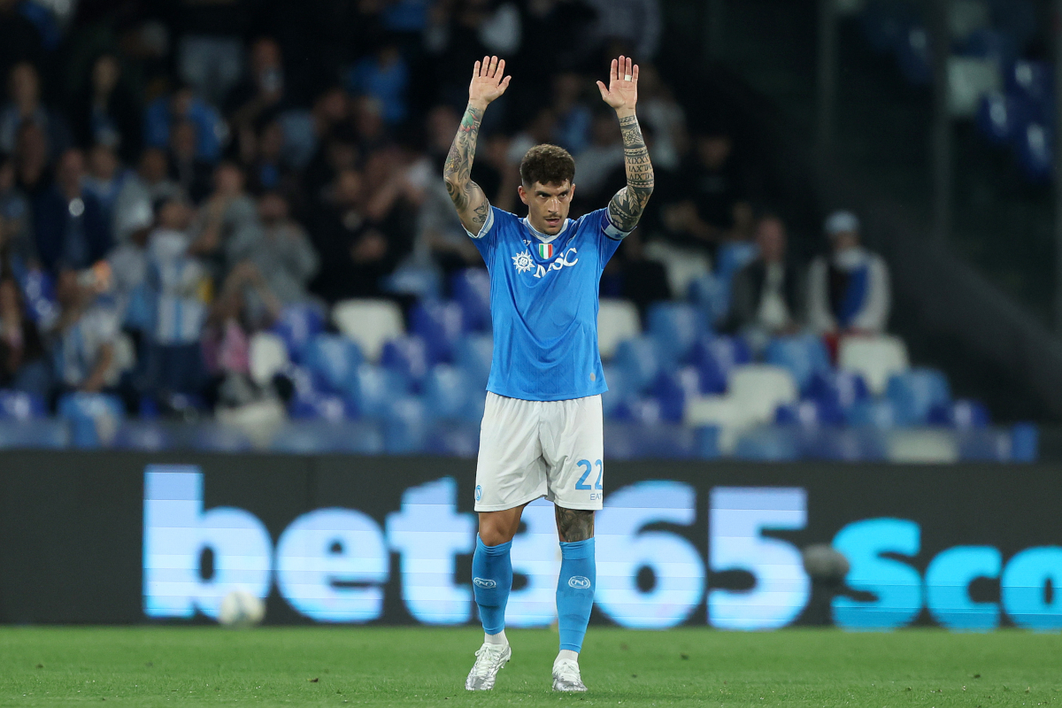 NAPLES, ITALY - MAY 11: Giovanni Di Lorenzo of SSC Napoli celebrates after scoring his side first goal during the Serie A match between SSC Napoli and Bologna FC 1909 at Stadio Diego Armando Maradona on May 11, 2026 in Naples, Italy. (Photo by Francesco Pecoraro/Getty Images)