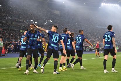 ROME, ITALY - MAY 13: Marcus Thuram of FC Internazionale Milano celebrates his side's first goal, an own goal by Adam Marusic of Lazio (not pictured), during the Coppa Italia Final match between SS Lazio and FC Internazionale at Stadio Olimpico on May 13, 2026 in Rome, Italy. (Photo by Tullio M. Puglia/Getty Images)
