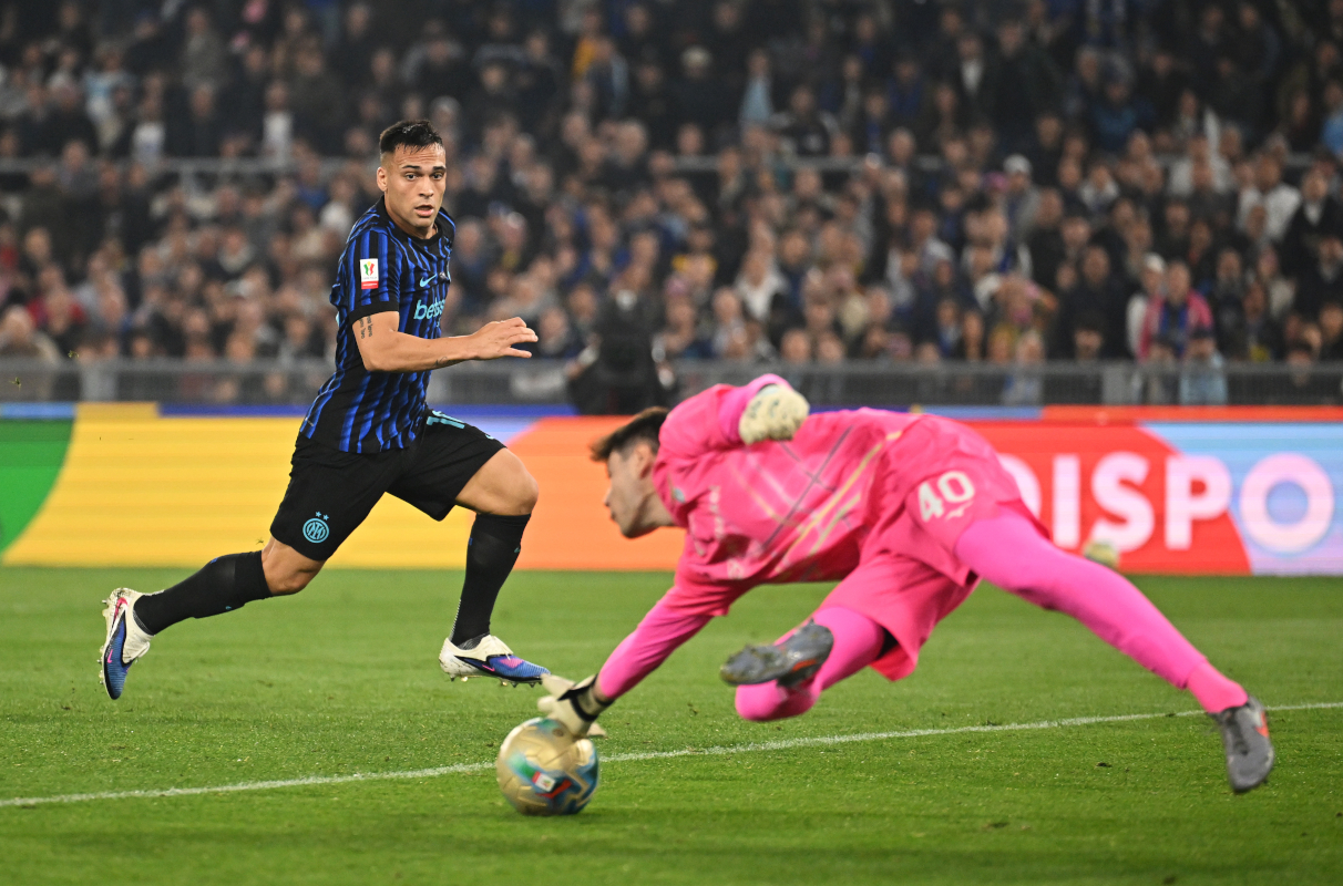 ROME, ITALY - MAY 13: Edoardo Motta of Lazio fails to make a save as Lautaro Martinez of FC Internazionale Milano goes on to score his team's second goal during the Coppa Italia Final match between SS Lazio and FC Internazionale at Stadio Olimpico on May 13, 2026 in Rome, Italy. (Photo by Tullio M. Puglia/Getty Images)