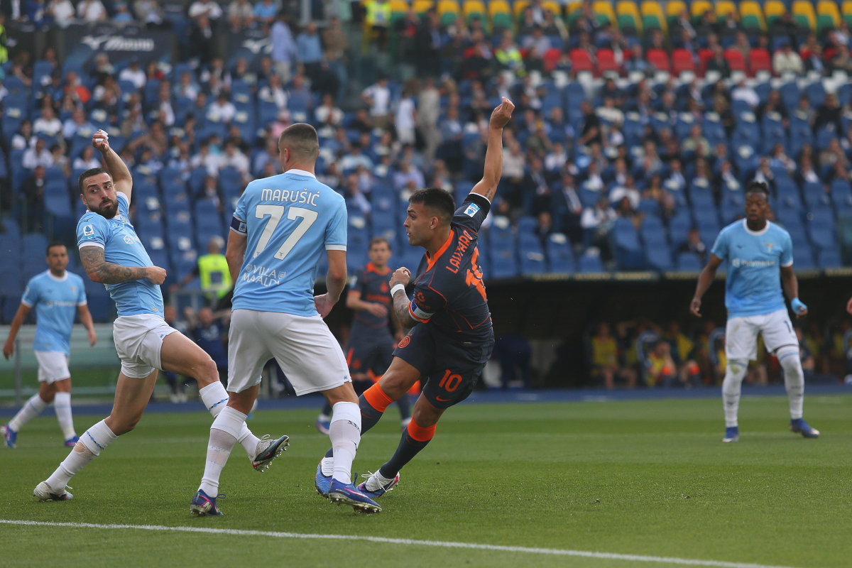 ROME, ITALY - MAY 09: Lautaro Martinez of FC Internazionale scores the opening goal during the Serie A match between SS Lazio and FC Internazionale at Stadio Olimpico on May 09, 2026 in Rome, Italy. (Photo by Paolo Bruno/Getty Images)
