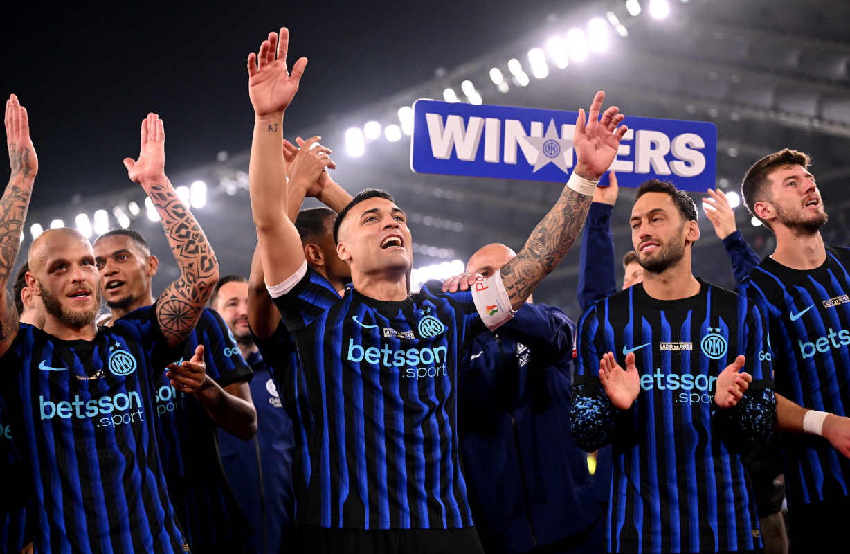 ROME, ITALY - MAY 13: Lautaro Martinez of FC Internazionale Milano celebrates after the team's victory in the Coppa Italia Final match between SS Lazio and FC Internazionale at Stadio Olimpico on May 13, 2026 in Rome, Italy. (Photo by Tullio M. Puglia/Getty Images)