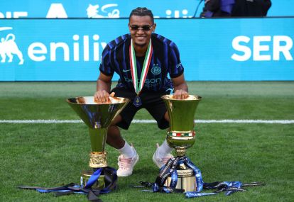 MILAN, ITALY - MAY 17: Manuel Akanji of FC Internazionale Milano poses for a photo with the Coppa Campioni d'Italia and Coppa Italia trophies following the Serie A match between FC Internazionale and Hellas Verona FC at Giuseppe Meazza Stadium on May 17, 2026 in Milan, Italy. (Photo by Marco Luzzani/Getty Images)