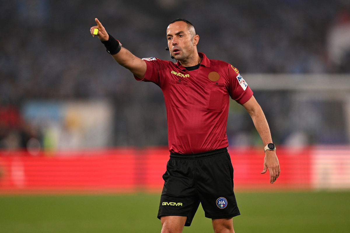 ROME, ITALY - MAY 13: Referee Marco Guida reacts during the Coppa Italia Final match between SS Lazio and FC Internazionale at Stadio Olimpico on May 13, 2026 in Rome, Italy. (Photo by Tullio M. Puglia/Getty Images)