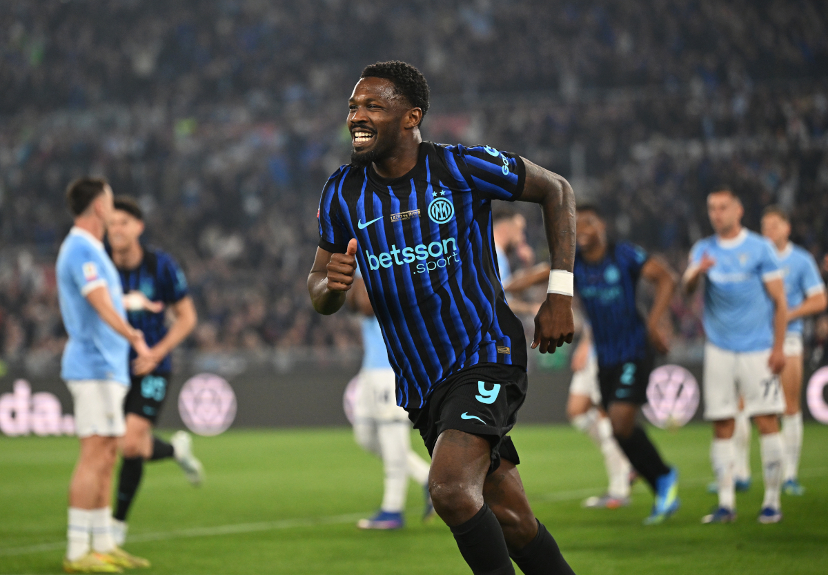 ROME, ITALY - MAY 13: Marcus Thuram of FC Internazionale Milano celebrates his side's first goal, an own goal by Adam Marusic of Lazio (not pictured), during the Coppa Italia Final match between SS Lazio and FC Internazionale at Stadio Olimpico on May 13, 2026 in Rome, Italy. (Photo by Tullio M. Puglia/Getty Images)