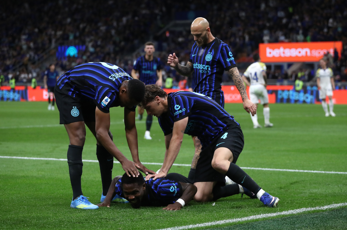 MILAN, ITALY - MAY 03: Marcus Thuram of FC Internazionale Milano celebrates scoring his team's first goal with teammates during the Serie A match between FC Internazionale and Parma Calcio 1913 at Giuseppe Meazza Stadium on May 03, 2026 in Milan, Italy. (Photo by Marco Luzzani/Getty Images)