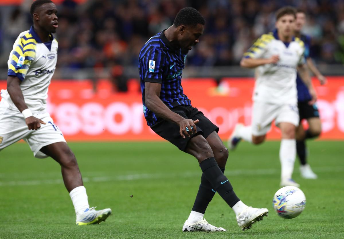 MILAN, ITALY - MAY 03: Marcus Thuram of FC Internazionale Milano scores his team's first goal during the Serie A match between FC Internazionale and Parma Calcio 1913 at Giuseppe Meazza Stadium on May 03, 2026 in Milan, Italy. (Photo by Marco Luzzani/Getty Images)