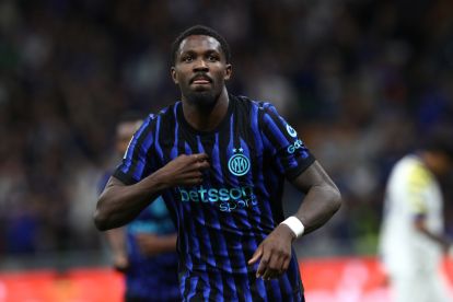 MILAN, ITALY - MAY 03: Marcus Thuram of FC Internazionale Milano celebrates scoring his team's first goal during the Serie A match between FC Internazionale and Parma Calcio 1913 at Giuseppe Meazza Stadium on May 03, 2026 in Milan, Italy. (Photo by Marco Luzzani/Getty Images)
