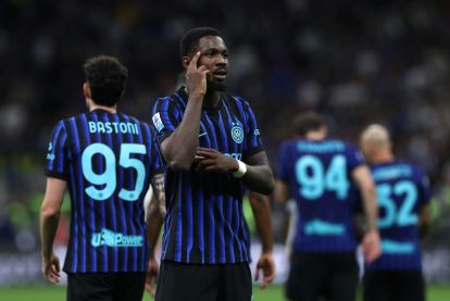 MILAN, ITALY - MAY 03: Marcus Thuram of FC Internazionale Milano celebrates scoring his team's first goal during the Serie A match between FC Internazionale and Parma Calcio 1913 at Giuseppe Meazza Stadium on May 03, 2026 in Milan, Italy. (Photo by Marco Luzzani/Getty Images)