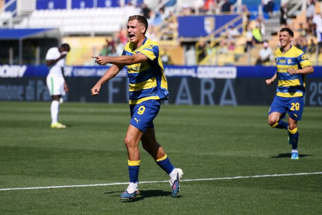 PARMA, ITALY - MAY 24: Mateo Pellegrino of Parma Calcio 1913 celebrates scoring his team's first goal during the Serie A match between Parma Calcio 1913 and US Sassuolo Calcio at Stadio Ennio Tardini on May 24, 2026 in Parma, Italy. (Photo by Alessandro Sabattini/Getty Images)