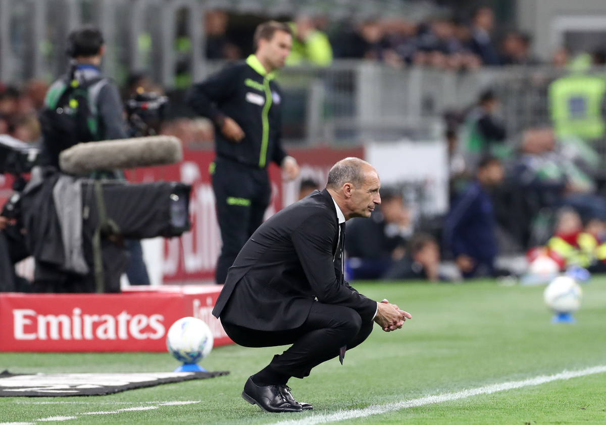 MILAN, ITALY - MAY 10: Massimiliano Allegri, Head Coach of AC Milan, looks on during the Serie A match between AC Milan and Atalanta BC at Giuseppe Meazza Stadium on May 10, 2026 in Milan, Italy. (Photo by Marco Luzzani/Getty Images)