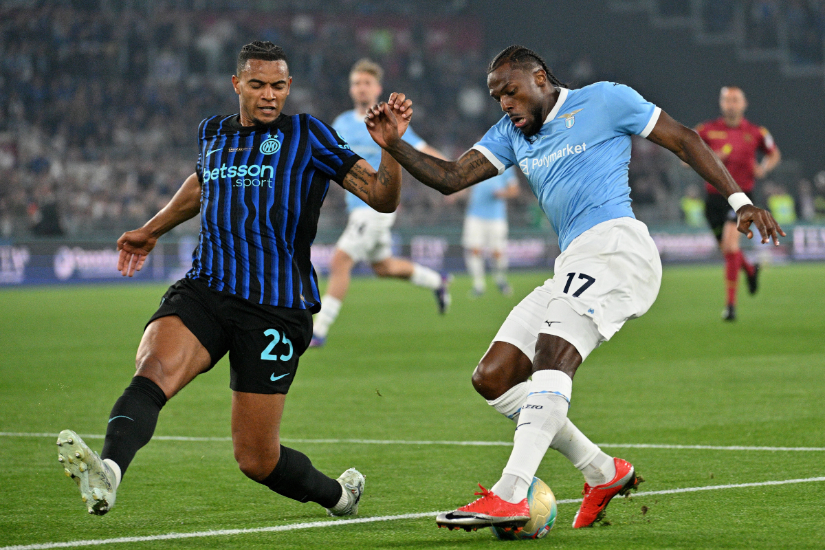 ROME, ITALY - MAY 13: Nuno Tavares of SS Lazio competes for the ball with Danzel Dumfrie of FC Internazionale during the Coppa Italia final match between SS Lazio and FC Internazionale at Stadio Olimpico on May 13, 2026 in Rome, Italy. (Photo by Marco Rosi - SS Lazio/Getty Images)