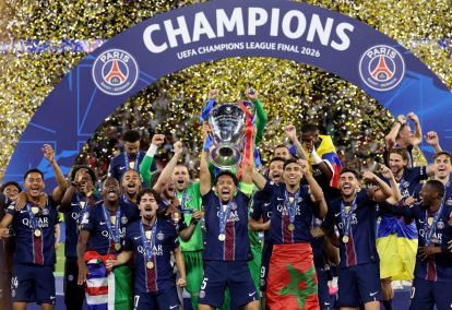 BUDAPEST, HUNGARY - MAY 30: Marquinhos of Paris Saint-Germain lifts the UEFA Champions League trophy after his team's victory in the UEFA Champions League Final 2026 match between Paris Saint-Germain and Arsenal FC at Puskas Arena on May 30, 2026 in Budapest, Hungary. (Photo by Carl Recine/Getty Images)