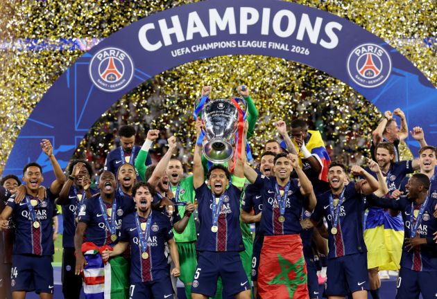 BUDAPEST, HUNGARY - MAY 30: Marquinhos of Paris Saint-Germain lifts the UEFA Champions League trophy after his team's victory in the UEFA Champions League Final 2026 match between Paris Saint-Germain and Arsenal FC at Puskas Arena on May 30, 2026 in Budapest, Hungary. (Photo by Carl Recine/Getty Images)