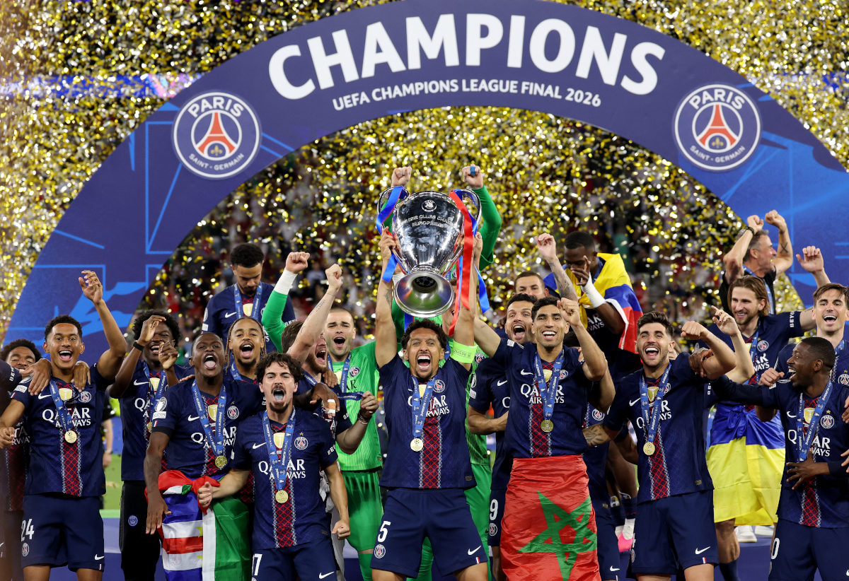 BUDAPEST, HUNGARY - MAY 30: Marquinhos of Paris Saint-Germain lifts the UEFA Champions League trophy after his team's victory in the UEFA Champions League Final 2026 match between Paris Saint-Germain and Arsenal FC at Puskas Arena on May 30, 2026 in Budapest, Hungary. (Photo by Carl Recine/Getty Images)