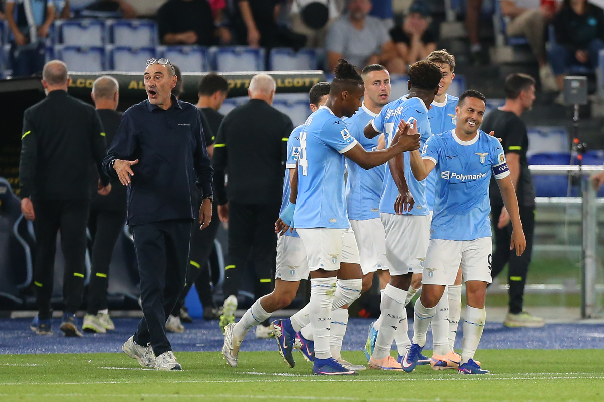 ROME, ITALY - MAY 23: Pedro #9 with his teammates of SS Lazio celebrate after scoring the team's second goal during the Serie A match between SS Lazio and Pisa SC at Stadio Olimpico on May 23, 2026 in Rome, Italy. (Photo by Paolo Bruno/Getty Images)