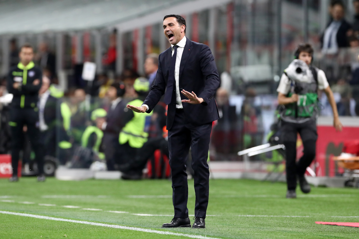 MILAN, ITALY - MAY 10: Raffaele Palladino, Head Coach of Atalanta, reacts during the Serie A match between AC Milan and Atalanta BC at Giuseppe Meazza Stadium on May 10, 2026 in Milan, Italy. (Photo by Marco Luzzani/Getty Images)
