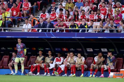 BUDAPEST, HUNGARY - MAY 30: Kepa Arrizabalaga, Martin Zubimendi, Mikel Merino, Cristhian Mosquera, Martin Odegaard, Riccardo Calafiori, Gabriel Martinelli, Gabriel Jesus and Christian Norgaard of Arsenal sit on the Arsenal bench during the UEFA Champions League Final 2026 match between Paris Saint-Germain and Arsenal FC at Puskas Arena on May 30, 2026 in Budapest, Hungary. (Photo by Justin Setterfield/Getty Images)