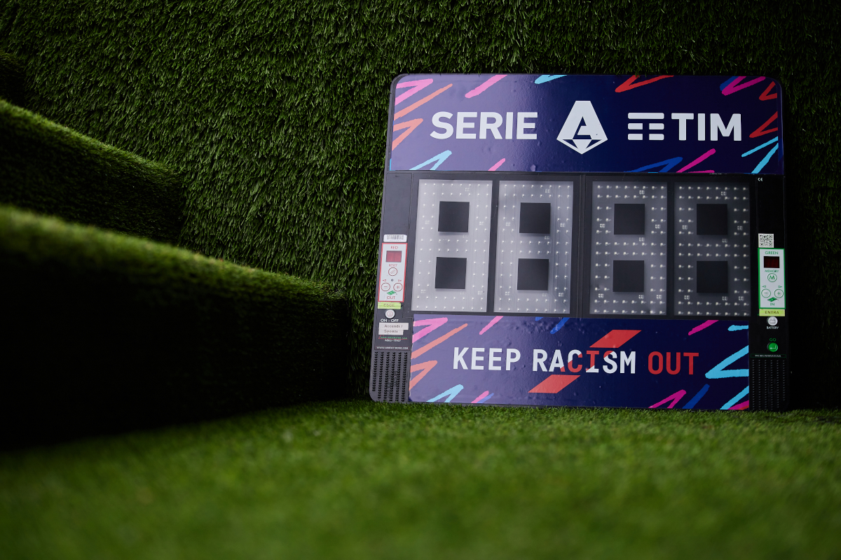 REGGIO NELL'EMILIA, ITALY - APRIL 01: Keep Racism Out logo is seen prior to the Serie A TIM match between US Sassuolo and Udinese Calcio at Mapei Stadium - Citta' del Tricolore on April 01, 2024 in Reggio nell'Emilia, Italy. (Photo by Emmanuele Ciancaglini/Getty Images)