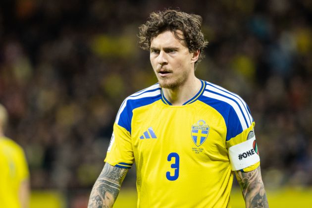 SOLNA, SWEDEN - MARCH 31: Victor Lindelof of Sweden during the FIFA World Cup 2026 European Qualifiers KO play-offs match between Sweden and Poland at Strawberry Arena on March 31, 2026 in Solna, Sweden. (Photo by Michael Campanella/Getty Images)