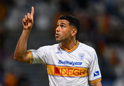 SASSUOLO, ITALY - MAY 17: Walid Cheddira of US Lecce celebrates scoring his team's first goal during the Serie A match between US Sassuolo Calcio and US Lecce at Mapei Stadium Citta del Tricolore on May 17, 2026 in Sassuolo, Italy.