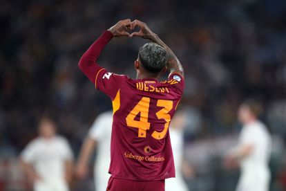 ROME, ITALY - MAY 04: Wesley of AS Roma celebrates scoring his team's second goal during the Serie A match between AS Roma and ACF Fiorentina at Stadio Olimpico on May 04, 2026 in Rome, Italy. (Photo by Paolo Bruno/Getty Images)