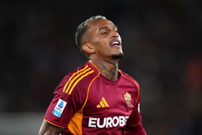 ROME, ITALY - MAY 04: Wesley of AS Roma celebrates scoring his team's second goal during the Serie A match between AS Roma and ACF Fiorentina at Stadio Olimpico on May 04, 2026 in Rome, Italy. (Photo by Paolo Bruno/Getty Images)