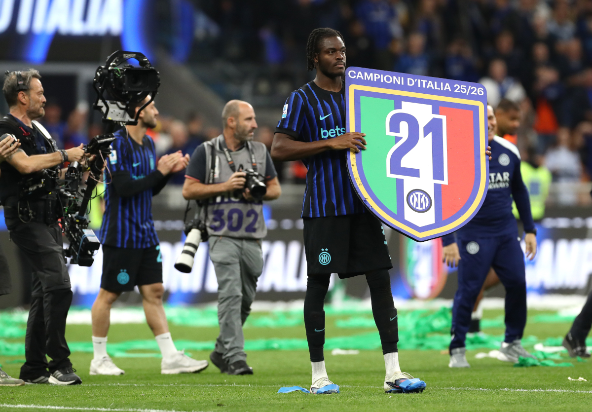 MILAN, ITALY - MAY 03: Yann Aurel Bisseck of FC Internazionale Milano celebrates after being confirmed as Serie A champions following victory in the Serie A match between FC Internazionale and Parma Calcio 1913 at Giuseppe Meazza Stadium on May 03, 2026 in Milan, Italy. (Photo by Marco Luzzani/Getty Images)