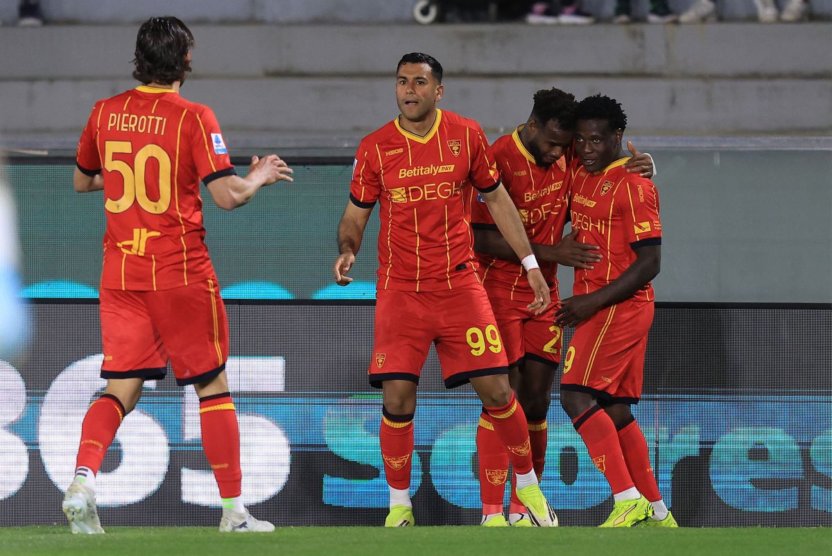 PISA, ITALY - MAY 1: Lameck Banda of US Lecce celebrates after scoring a goal during the Serie A match between Pisa SC and US Lecce at Arena Garibaldi on May 1, 2026 in Pisa, Italy. (Photo by Gabriele Maltinti/Getty Images)
