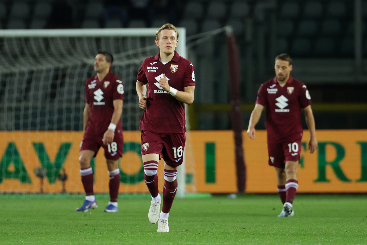 TURIN, ITALY - MAY 08: Marcus Pedersen of Torino FC celebrates after scoring his team's second goal during the Serie A match between Torino FC and US Sassuolo Calcio at Stadio Olimpico di Torino on May 08, 2026 in Turin, Italy. (Photo by Francesco Scaccianoce/Getty Images)
