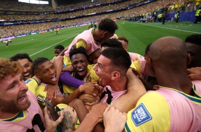 HOUSTON, TEXAS - JUNE 29: Gabriel Martinelli #22 of Brazil celebrates with teammates after scoring the team's second goal during the FIFA World Cup 2026 Round Of 32 match between Brazil and Japan at Houston Stadium on June 29, 2026 in Houston, Texas. (Photo by Lars Baron/Getty Images)