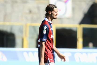 BOLOGNA, ITALY - SEPTEMBER 20: Marios Oikonomou # 2 of Bologna FC reacts during the Serie A match between Bologna FC and Frosinone Calcio at Stadio Renato Dall'Ara on September 20, 2015 in Bologna, Italy. (Photo by Mario Carlini / Iguana Press/Getty Images)
