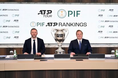 RIYADH, SAUDIA ARABIA - FEBRUARY 28: In this handout image provided by PIF, Massimo Calvelli, CEO, ATP (L) and Kevin Foster, Head of Corporate Affairs, PIF (R) The Public Investment Fund (PIF) unveil a new multi-year strategic partnership, marking a shared commitment to enhancing global tennis for players, fans, tournament organizers and stakeholders at all levels of the sport on February 28th, 2024 in Riyadh, Saudi Arabia. (Photo by PIF via Getty Images)