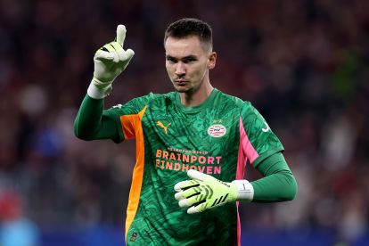 LEVERKUSEN, GERMANY - OCTOBER 01: Goalkeeper Matej Kovar of Eindhoven reacts during the UEFA Champions League 2025/26 League Phase MD2 match between Bayer 04 Leverkusen and PSV Eindhoven at BayArena on October 01, 2025 in Leverkusen, Germany. (Photo by Lars Baron/Getty Images)