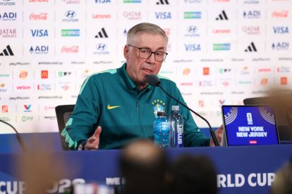 EAST RUTHERFORD, NEW JERSEY - JUNE Head Coach of Brazil Carlo Ancelotti speaks to the media during a press conference ahead of the FIFA World Cup 2026 Group C match between Brazil vs Morocco at New York New Jersey Stadium on June 12, 2026 in East Rutherford, New Jersey. (Photo by Darrian Traynor/Getty Images)