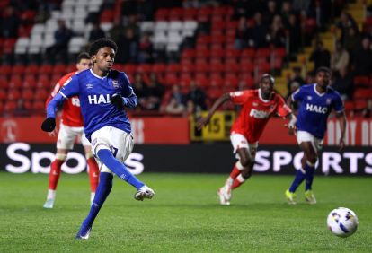 LONDON, ENGLAND - APRIL 22: Jaden Philogene-Bidace of Ipswich Town scores his team's second goal from the penalty spot during the Sky Bet Championship match between Charlton Athletic and Ipswich Town at The Valley on April 22, 2026 in London, England. (Photo by Justin Setterfield/Getty Images)