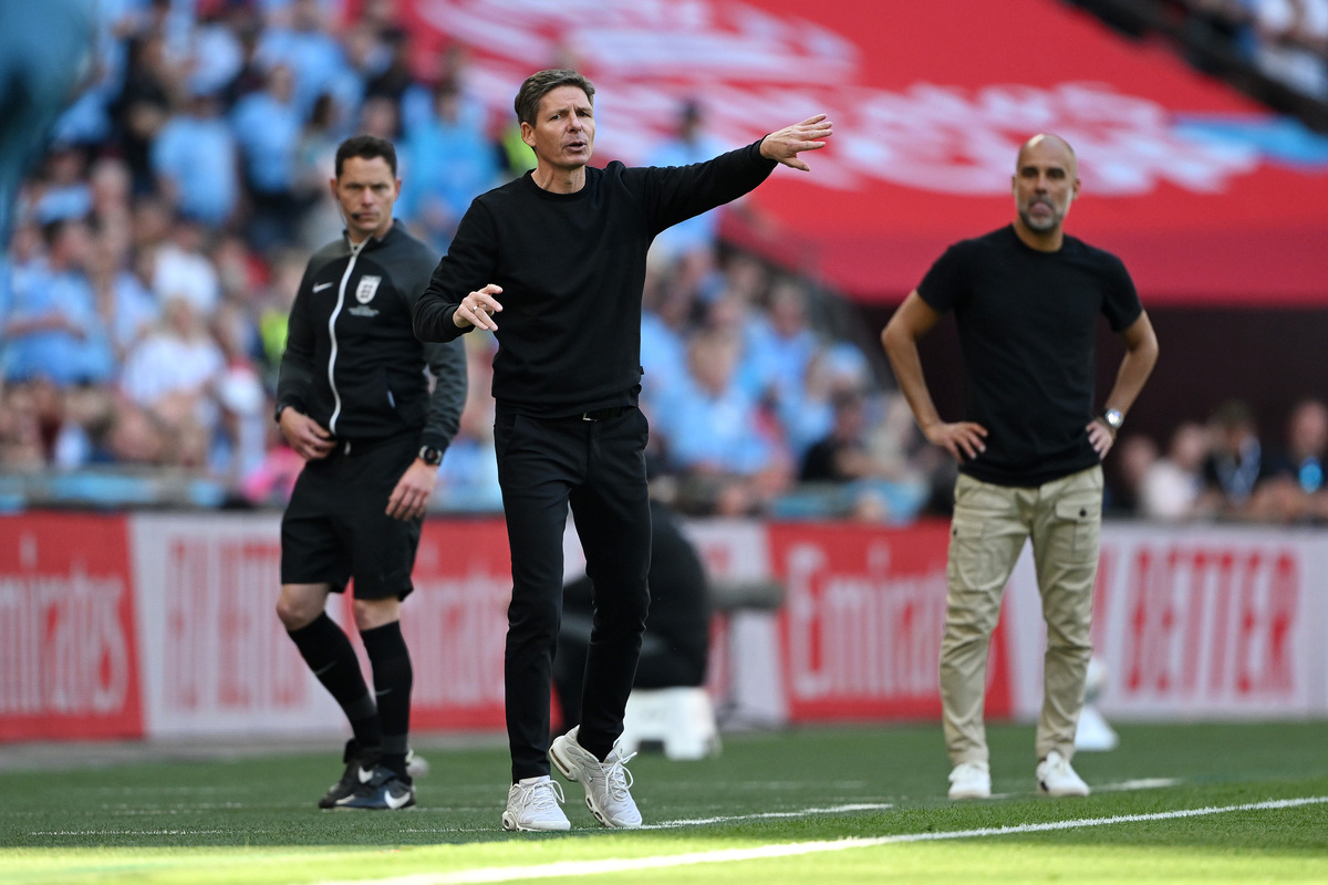 LONDON, ENGLAND - MAY 17: Oliver Glasner, Manager of Crystal Palace, reacts during the Emirates FA Cup Final match between Crystal Palace and Manchester City at Wembley Stadium on May 17, 2025 in London, England. (Photo by Shaun Botterill/Getty Images)