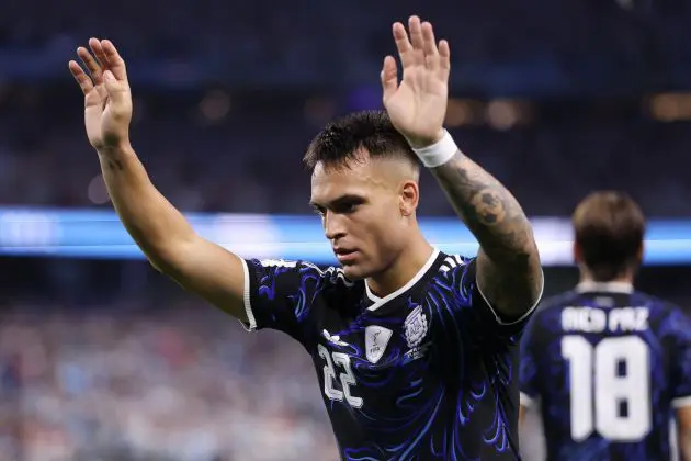 ARLINGTON, TEXAS - JUNE 27: Lautaro Martinez #22 of Argentina celebrates scoring the team's second goal during the FIFA World Cup 2026 Group J match between Jordan and Argentina at Dallas Stadium on June 27, 2026 in Arlington, Texas. (Photo by Luke Hales/Getty Images)