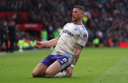 MANCHESTER, ENGLAND - MARCH 15: Ross Barkley of Aston Villa celebrates scoring his team's first goal during the Premier League match between Manchester United and Aston Villa at Old Trafford on March 15, 2026 in Manchester, England. (Photo by Stu Forster/Getty Images)