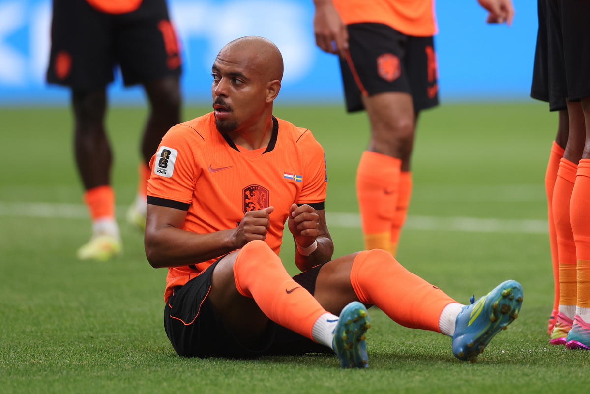 HOUSTON, TEXAS - 20 DE JUNHO: Donyal Malan # 18 da Holanda reage durante a partida do Grupo F da Copa do Mundo FIFA 2026 entre Holanda e Suécia no Houston Stadium em 20 de junho de 2026 em Houston, Texas. (Foto de Lars Baron/Getty Images)