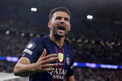 BUDAPEST, HUNGARY - MAY 30: Goncalo Ramos of Paris Saint-Germain celebrates scoring the team's first penalty in the penalty shoot out during the UEFA Champions League Final 2026 match between Paris Saint-Germain and Arsenal FC at Puskas Arena on May 30, 2026 in Budapest, Hungary. (Photo by Lars Baron/Getty Images) (Milan links)
