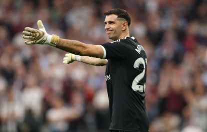 ISTANBUL, TURKEY - MAY 20: Aston Villa goalkeeper Emiliano Martinez reacts during the UEFA Europa League Final 2026 match between SC Freiburg and Aston Villa FC at Besiktas Park on May 20, 2026 in Istanbul, Turkey. (Photo by Stu Forster/Getty Images)