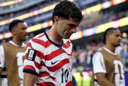 LOS ANGELES, CALIFORNIA - JUNE 12: Christian Pulisic #10 of the United States looks on as he walks off at the end of the first half during the FIFA World Cup 2026 Group D match between USA and Paraguay at Los Angeles Stadium on June 12, 2026 in Los Angeles, California. (Photo by Jamie Squire/Getty Images)