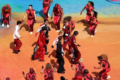 EAST RUTHERFORD, NEW JERSEY - JULY 19: RM, Jin, Suga, J-Hope, Jimin, V and Jung Kook of BTS perform during the FIFA World Cup 2026 Final match between Spain and Argentina at New York New Jersey Stadium on July 19, 2026 in East Rutherford, New Jersey. (Photo by Kevin C. Cox/Getty Images)