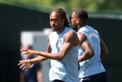 KANSAS CITY, MISSOURI - JUNE 30: Djed Spence #25 of England participates in a drill during the England training session one day ahead of the FIFA World Cup 2026 Round of 32 match between England and Congo DR at Swope Soccer Village on June 30, 2026 in Kansas City, Missouri. (Photo by Richard Pelham/Getty Images)