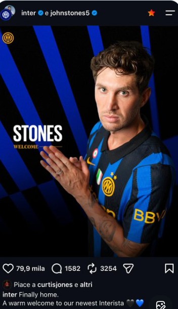 Curtis Jones likes Inter's Instagram post announcing John Stones' transfer