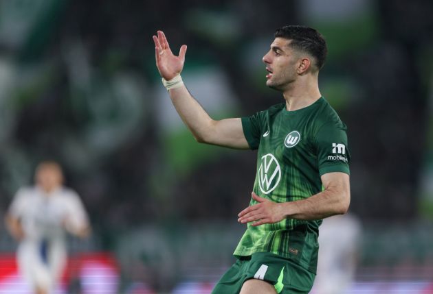 WOLFSBURG, GERMANY - MAY 21: Konstantinos Koulierakis of Wolfsburg reacts during the Bundesliga Playoff Leg One match between VfL Wolfsburg an SC Paderborn at Volkswagen Arena on May 21, 2026 in Wolfsburg, Germany. (Photo by Selim Sudheimer/Getty Images)
