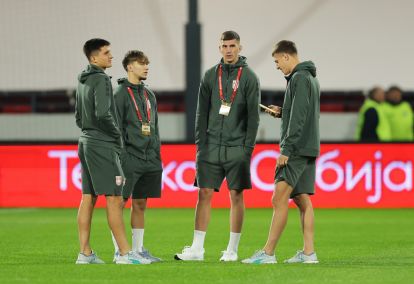 BELGRADE, SERBIA - OCTOBER 11: Vanja Dragojevic, Vasilije Kostov, Veljko Milosavljevic and Ognjen Ugresic of Serbia inspect the pitch prior to the FIFA World Cup 2026 qualifier match between Serbia and Albania at on October 11, 2025 in Belgrade, Serbia. (Photo by Srdjan Stevanovic/Getty Images)