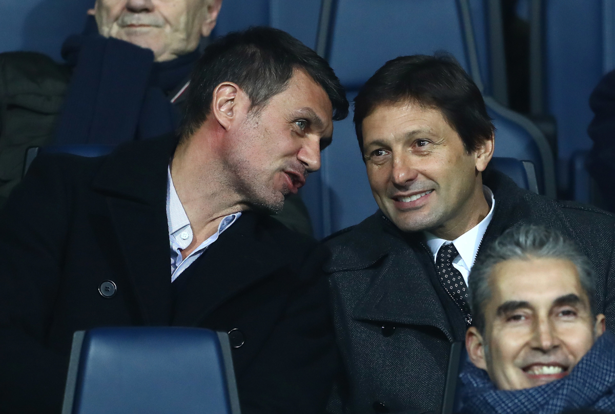 BERGAMO, ITÁLIA - 16 DE FEVEREIRO: O Diretor de Estratégia e Desenvolvimento Esportivo do AC Milan, Paolo Maldini, e o Diretor Esportivo do AC Milan Club, Leonardo Di, antes da partida da Série A entre Atalanta BC e AC Milan no Stadio Atleti Azzurri d'Italia em 16 de fevereiro de 2011 em Bérgamo, Itália. Araújo (Foto Marco Luzani/Getty Images)